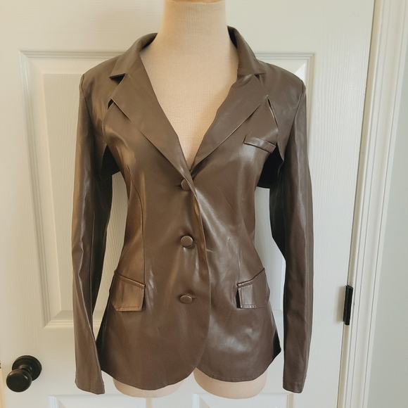 Cider Brown Faux Leather Cutout Blazer - Picture 2 of 9